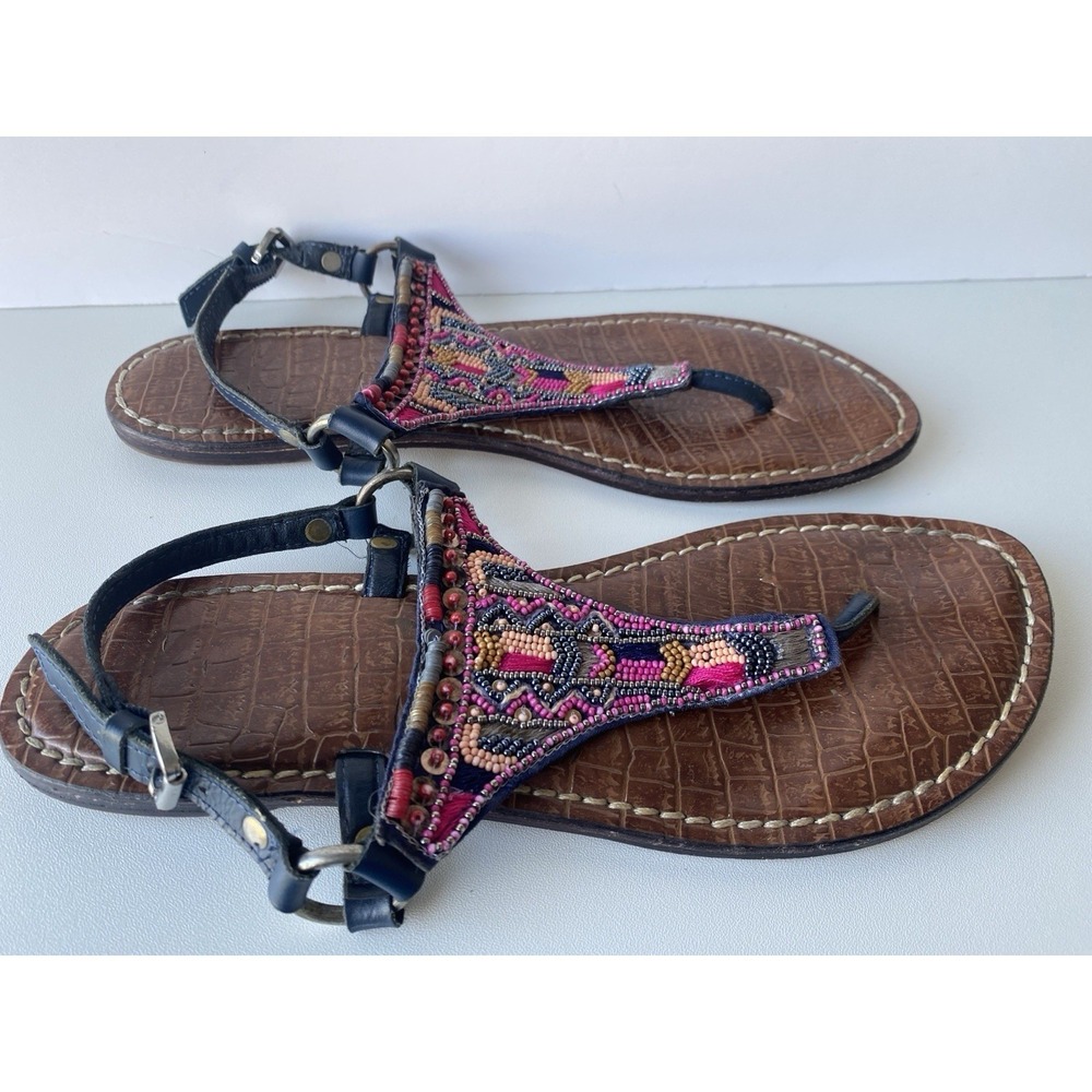 Sam Edelman Greta Beaded Sandals Navy Blue Boho Leather Slingback Thong Size 9